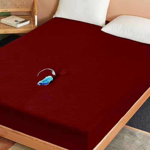 SKY BEDDINGS King Size Waterproof Mattress Protector - Premium Terry Mattress Cover, Ultra Soft, Breathable, Noiseless Bed Cover, Fitted Sheet with Stretchable Deep Pockets Upto 15 - Burgundy