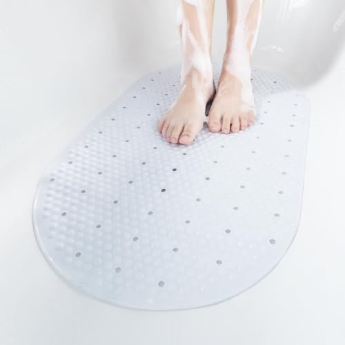 HITSLAM Oval Bath Mat Non Slip Anti Mould, 68 x 38 CM Anti Slip Shower Mat for Bathroom, Machine Washable Bubble Bathtub mat with Suction Cups and Drain Holes, Soft on Feet, White