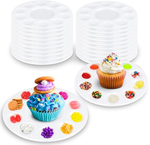 AIERSA Cupcake Decorating Plates for Kid Party, Kids' Cupcake Holder Decorating Tray with 10 Wells for Dessert Sprinkles, Birthday Party Supplies (Set of 20)