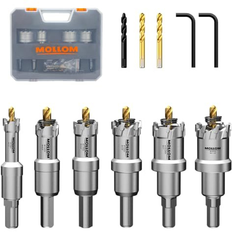 Mollom 6 piezas (13-29 mm) TCT Carbide Hole Saw Kit para metal duro, que incluye 6 cortadores de agujeros grandes con 3 brocas piloto adicionales y 2 llaves hexagonales