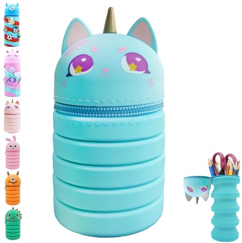 YOUYIKE 2-in-1 Kawaii Einhorn Federmäppchen Kinder und Stifthalter, Silikon Teleskopisc Kinder, Silikon Make Up Tasche, Pencil Case, Federtasche für Mädchen Teen Geschenk zum Schulanfang(Blau)