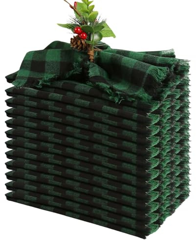 Set di 12 tovaglioli di stoffa fatti a mano, 100% cotone, con frange, 43 x 43 cm, a quadri verdi e neri, per la cena di Natale