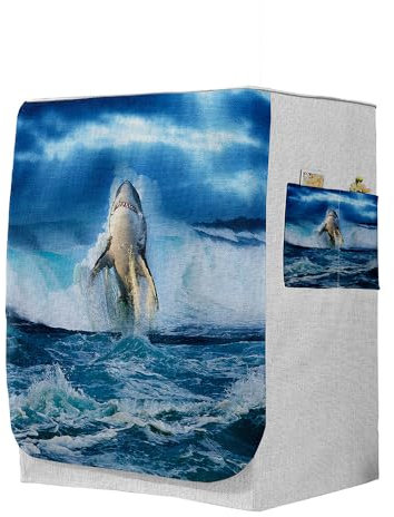 Highdi 3D Housse de Protection pour Machine à Laver, Chargement Frontal Housse à La Poussière avec Ouverture Frontale (Capacité S 6~7,5kg,Requin 4)