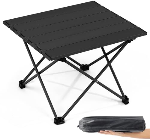 Outplea Litet campingbord hopfällbart, lätt rullbart picknickbord i aluminium fällbart med bärväska, bärbart vikbart campingbord för utomhusträdgård, uteplats, grillning, svart