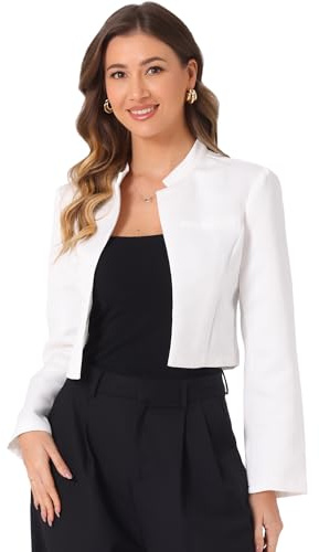 Allegra K Boléro en Satin Femme Blazer Court Élégant Veste Courte à Col Montant Manches Longues Cardigan Ouvert sur Le Devant Boléro pour Mariage et Cérémonie Blanc S