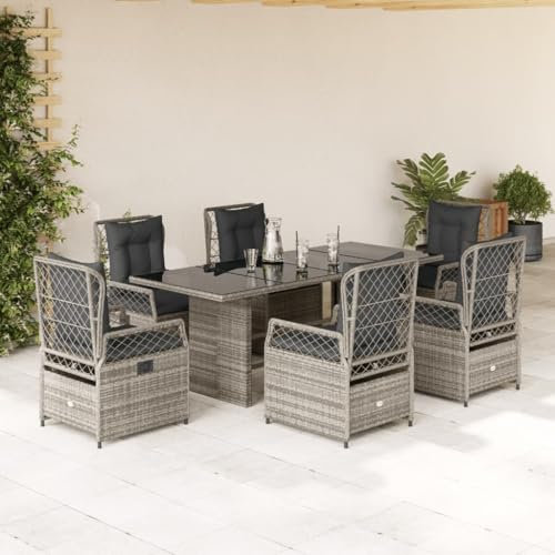 Homgoday 7-TLG. Garten-Essgruppe mit Kissen Gartenmöbel Set Balkonmöbel Sitzgruppe Gartenstuhl mit Tisch, Terrassenmöbel Gartengarnitur Sitzgarnitur Grau Poly Rattan