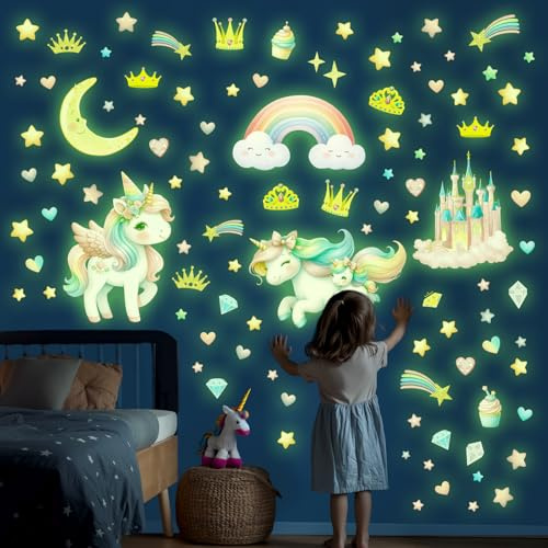 DECOWALL GSD4-8089 Autocollants muraux licorne phosphorescents pour enfants, étoiles, château, lune, arc-en-ciel, plafond, décoration de chambre à coucher, cadeau pour filles et garçons, décoration de