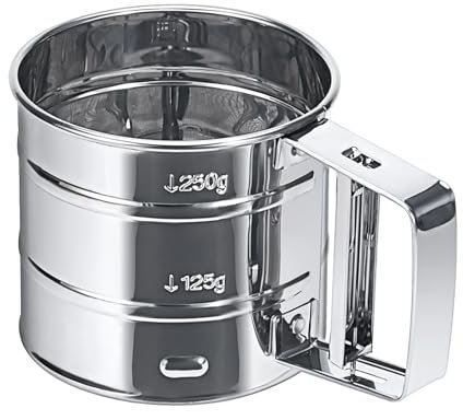 “Puderzuckerstreuer und Mehlsieb aus Edelstahl, Einhandbedienung, 250g Fassungsvermögen, Profi-Puderzuckermühle für Mehl, Zucker und Gewürze, Spülmaschinenfest”