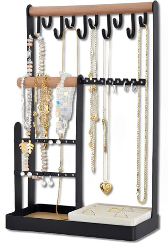 Galeara design Schmuckständer mit Holzstange, 8 Haken, Ringhalter, Schwarz und Naturholz, Schmuckorganizer für Ketten und Ringe