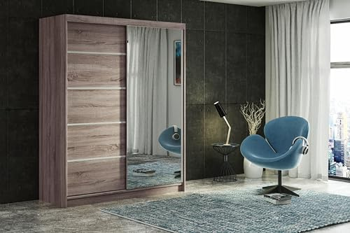 ELUKS CARLI Modern Sliding Door Wardrobe with Mirror, 2 or 3 Doors, 4 colours: WHITE/BLACK/OAK/GREY 5 sizes: 100cm/120cm/150cm/180cm/200cm (Oak, 100cm 2 Drawers)