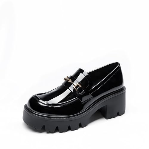 DREAM PAIRS Women Loafers Platform Chunky Heel Slip On Lug Sole Casual Dressy Office Business Shoes,Size 10,Black-Pat,DWUMLS2534