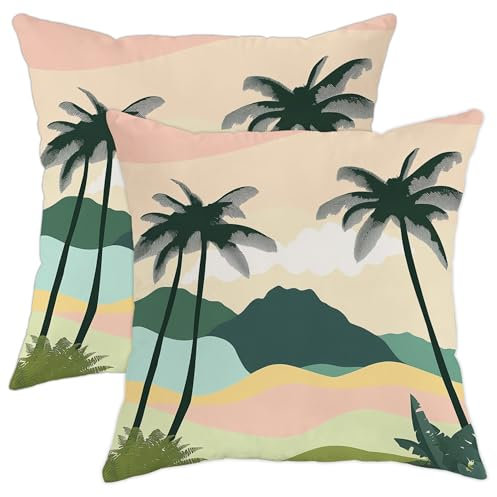 Juego de 2 fundas de almohada tropicales con hojas de palma verde, fundas de cojín cuadradas decorativas de verano para el hogar, sofá, cama, sofá, 16 x 16 pulgadas