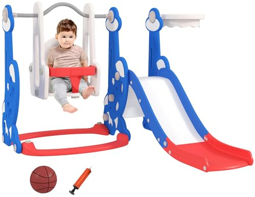 AIYAPLAY Tobogán Infantil 4 en 1 Parque Infantil con Columpio y Tobogán Escalador Aro de Baloncesto Temática de Cohete para Interior Multicolor