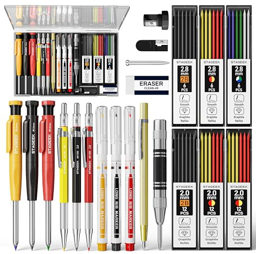 STAGEEK 22er-Set Mechanischer Zimmermannsbleistifte, Automatischem Körner, Hartmetall-Anreißwerkzeug, Radiergummi und Markierstift für tiefe Löcher, Robuster Konstruktionsbleistift für Architekten