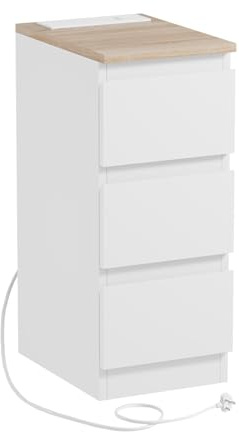 PCGAGA 25cm Slim Bedside Cabinet with Charging Station, Small Narrow Bedside Table with 3 Drawers, USB Charging Port, Thin Nightstand Side End Table for Living Room, Bedroom (Matt, Maple)