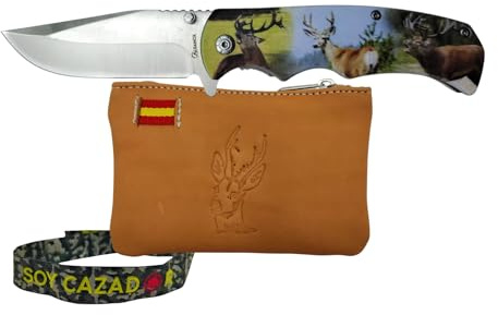 TORO SURVIVAL Navaja Plegable 8,8 cm 3CR13MOV, Mango Madera 3D, Liner Lock, Flipper y Clip, Acabado Satinado, Set Regalo con Monedero de Piel y Pulsera, Diseñada en España (Ciervo 8.8)