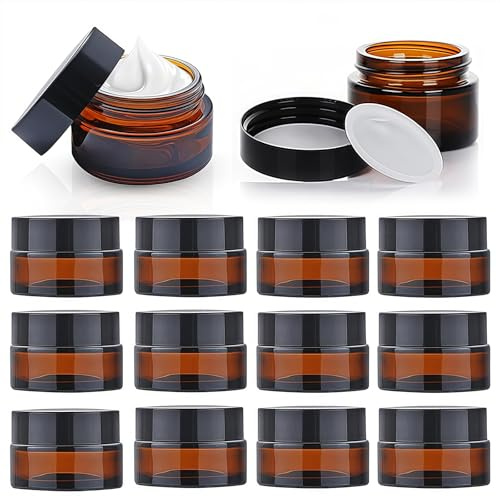 Amber Glas Leerdose, 12 Stück Glastiegel 30ml, Cremedosen zum Befüllen, Salbentiegel, Reise Probenbehälter, Creme behälter für Kosmetik Cremes Lotionen ätherische Öle