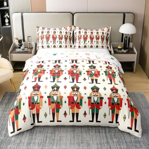 Homemissing Christmas Duvet Cover 100% Cotton King Size Nutcracker Bedding Set for Boys Girls Soldier Royal Guarder Princess Comforter Cover Bedroom Decor 3Pcs Zipper Closure With 2 Pillowcases