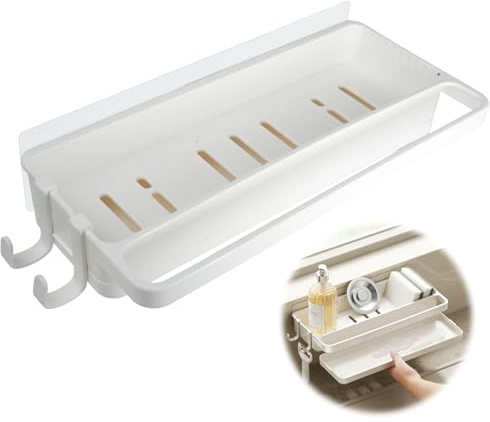 leruiyezs Soporte Estropajo Fregadero,Organizador con Bandeja Extraíble y 2 Ganchos,Instalación Sin Taladrar,Ahorro Espacio,Porta Estropajos Fregadero,Toallero para Cocina Baño,Blanco