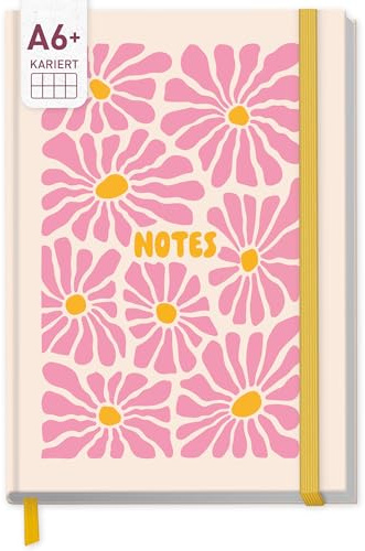 Häfft paper&you® Notizbuch kariert A6 + mit Gummiband Pink Flowers | 156 nummerierte Seiten (78 Blatt), 90g/m²-Premium-Papier, Index - als Notizheft, Journal oder Tagebuch