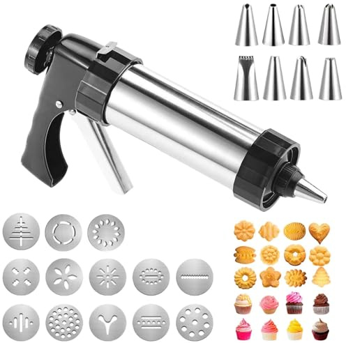 RVERPROS Gebäckpresse Edelstahl Spritzgebäck Presse Teigspritze Plätzchenpresse Gebäckspritze Kekspresse Teigpresse Maschine mit 13 Schablonen & 8 Tüllen für DIY Dekorieren Kuchen und Desserts Kekse