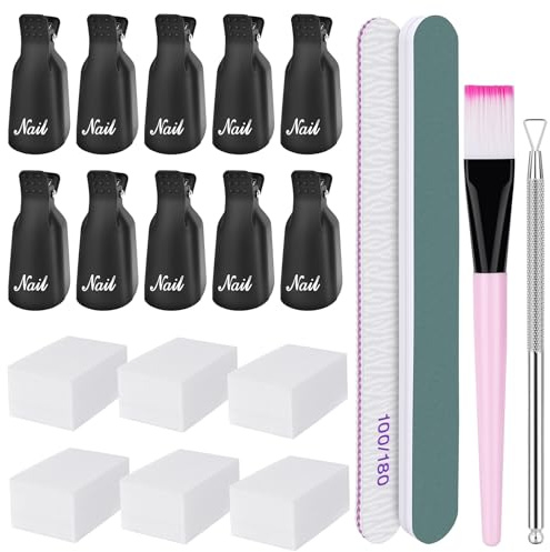 BUTBU Nagellacksborttagningssats, nagellack, gelborttagningsverktyg, akrylnagelborttagare, med nagelborttagare, bomullskuddar, nagelklippor, nagelfil, nagelbandskrapa och pussher för nagelkonst (svart