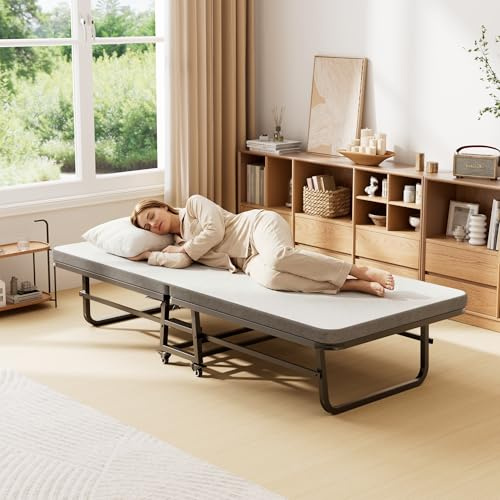 YKVIQBY Folding Bed with Mattress, Roll Away Beds with Mattress for Adults, 75 x 31 Portable Bed for Easy Storage, Strong Frame for Guest Room, Small Apartment