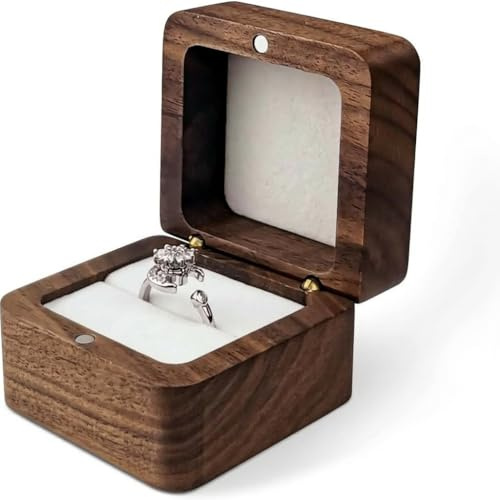 Ringbox Hochzeit aus Holz, Kleine Ringschatulle für Verlobungsring & Eheringe, Quadratische Ring Box mit Weißem Innenfutter für Antrag & Zeremonie, Jewelry Box 5,5x5,5x3,8cm für 1 Ring, Vintage