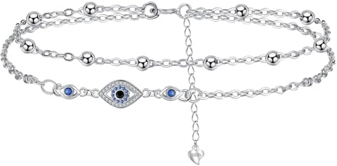 J.MOULIN Fußkettchen 925 Sterling Silber, Doppelreihiges Design mit Böser Blick & Blauem Zirkonia oder Schmetterling & Mond, Verstellbare Fußkette 22+4cm für Frauen (Sommer-Schmuck, Bein-Accessoire)