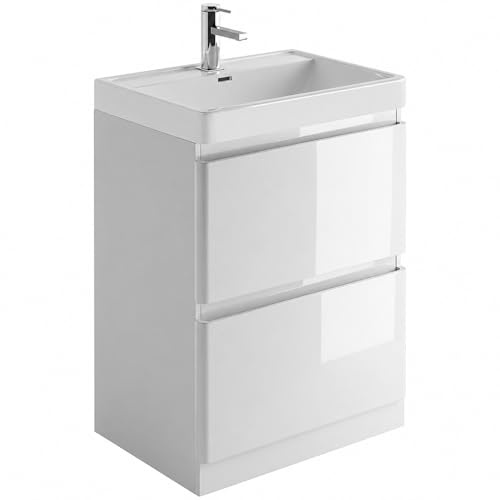 Go Bathrooms Floor Vanity Unit 600mm Gloss White Sink | Gloss white floor-standing bathroom storage unit with integrated white ceramic sink basin.