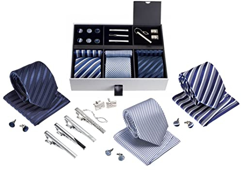 Set di cravatte da uomo di alta qualità, in seta, con fermacravatta e gemelli, Stile Uomo 1, Optimal Size