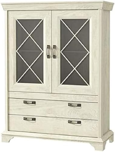 FORTE Kashmir Vitrine mit 2 Glastüren und 2 Schubladen, Holzwerkstoff, Pinie Weiß Dekor, 48,2 x 123 x 162,3 cm