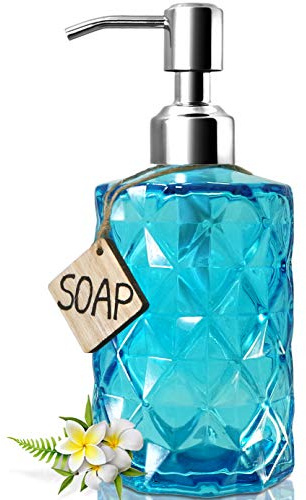 JASAI Seifenspender mit Diamant-Design, rostfreier Edelstahl 304, 340 ml, Küchenseifenspender für Badezimmer, Handseife, Spülseife (transparentes Blau)