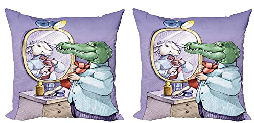 Lunarable Cartoon Throw Pillow Cushion Cover Pack of 2, Crocodile Knotting His Tie Looks in Mirror Sees Himselfs Sheep Fun Cartoon, Zippered Double-Side Digital Print Decor, 24, Purple Green