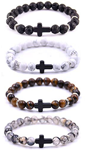 Softones 4PCS Cross Beads Bracelet for Men Women 8mm Healing Lava Stone Stretch Bracelets,7.5