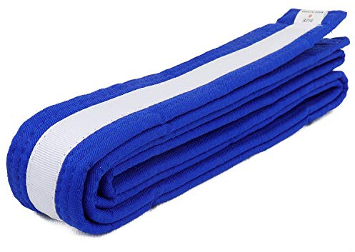 AAMA Color Belts with White Stripe for Martial Arts - Taekwondo Karate Judo - Blue w/White Stripe - Size 1