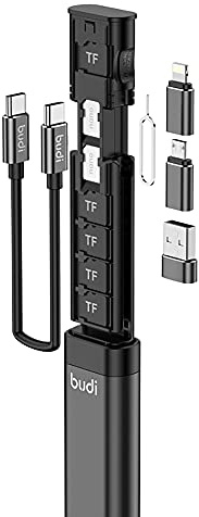 BUDI Multifunctional Compact Cable Portable Aluminum Memory Card Reader with Micro USB A Adapter USB Type-C Card Reader Micro SD High Speed Card Reader Adapter for Cell Phones, Cameras and Computers