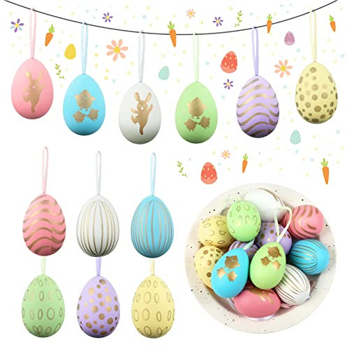 Bäcker & Lecker 12 Stück Ostereier zum aufhängen Ostereier Deko Plastik Set bunt plastikeier ostern mit Stoffband für draußen Kinder Geschenk Osterdekoration