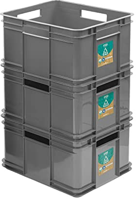 PAFEN 3x Euro Stapelbox Bruno Eco Blau Grün Euro-Box Stapelkasten 28L Transport Eurobehälter, Grau