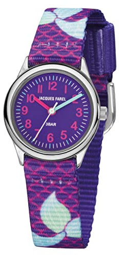 JACQUES FAREL Kinder-Armbanduhr Lernuhr Mädchen Analog Quarz mit Textilband Meerjungfrau-Flosse Lila Violett Hellblau HCC 3144