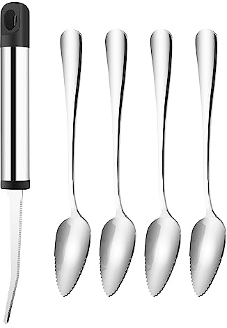 GOODFEER Grapefruit Spoons and Knives, 4 pcs Stainless Steel Spoon and 1 pcs Curved Knife with Serrated Edge, Citrus Fruit Utensils Set for Kiwi Lemon Salads Desserts