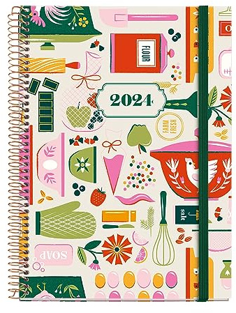 Miquelrius - Jahresplaner 2024, Tagesansicht, Plus Größe 155 x 213 mm (ähnlich A5), Hardcover, Spiralbindung, Gummiband, Katalanisch, Englisch und Portugiesisch, Süß Zuhause