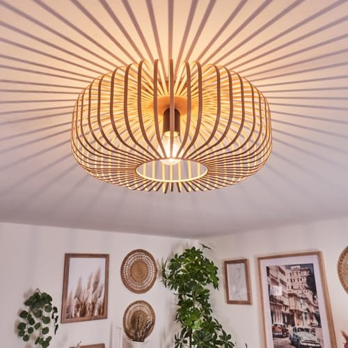 HOFSTEIN Deckenleuchte Wemude, runde Deckenlampe aus Metall, Wohnzimmer, Schlafzimmer Lampe, Retro-Leuchte, Beige/Hellbraun 1-flammig, E27-Fassung, Lichteffekt durch Gitter-Optik, Durchmesser 40 cm