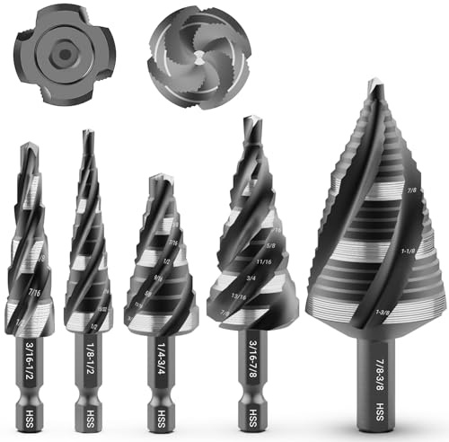 MABLEVI 5 Pcs Four Spiral Flute Step Drill Bit Set, 1/8-1-3/8 HSS Unibit Step Drill Bit, 1/4 and 3/8 Shank Step Bit for Metal, Stainless Steel, Aluminum, Wood, Plastic