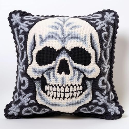 Blue Skull Latch Hook Kits Pillow DIY Rug Crochet Hook Rug Cushion Making Kits with Preprinted Pattern Canvas Easy Starter Christmas Adorment Hooking DIY Kits 43x43cm(d151)