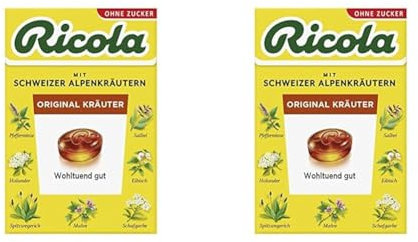 Ricola Original Kräuter, 50g Böxli original Schweizer Kräuter-Bonbons mit 13 Schweizer Alpenkräutern, zuckerfrei, wohltuend für Hals & Stimme, 1 x 50g (Packung mit 2)