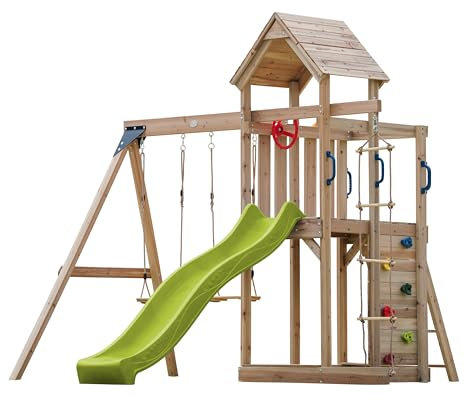 AXI Moos Casetta in Legno Bimbi completa con 2 altalene, scala di corda/Parco giochi all'aperto con altalene/sandbox/muro di arrampicata/scivolo Giallo | Casetta in legno da esterno su palafitte