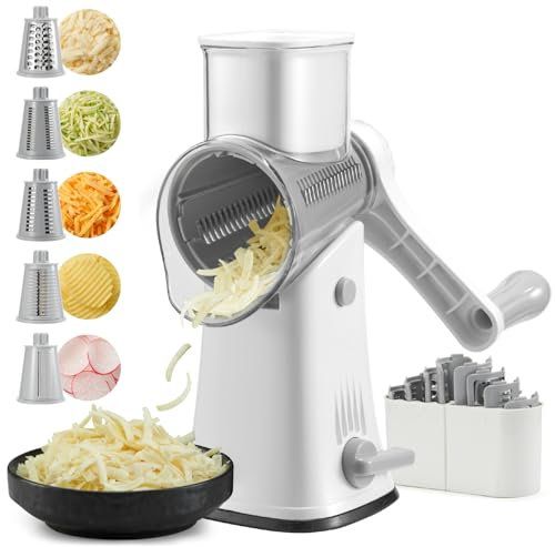 ALEXPHY Rotary Cheese Grater Hand Crank, 5 Blades Cheese shredder, Stronger Suction, Easy to Clean for Fruit, Vegetables, Nuts, White