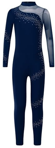 Vxuxlje Mädchen Turnanzug Ganzkörper Gymnastikanzug Patchwork Ballett Trikotanzug Tanzbody Glitzer Strass Ganzanzug Navy blau 158-164