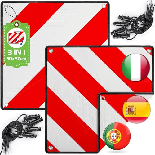 Warmfay Warntafel für Italien Spanien Portugal Fahrradträger, 3 In 1 Alu Rot Weiß Reflektierend Warnschild 50x50CM mit Spannseile, Zertifizierte für Fahrradträger Heckträger Auto Wohnmobil (2 Stück)